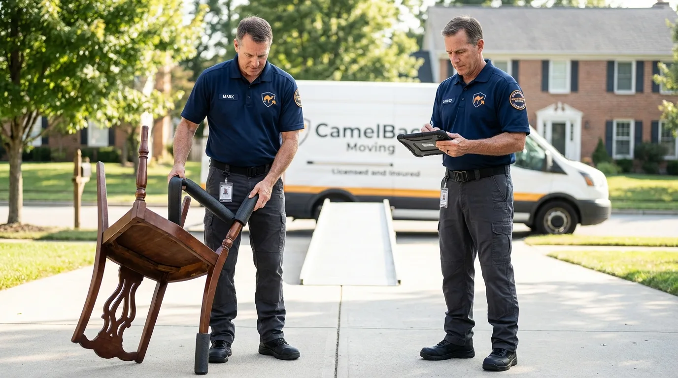 Movers inspecting furniture for damage prevention before loading in Jensen Beach, FL