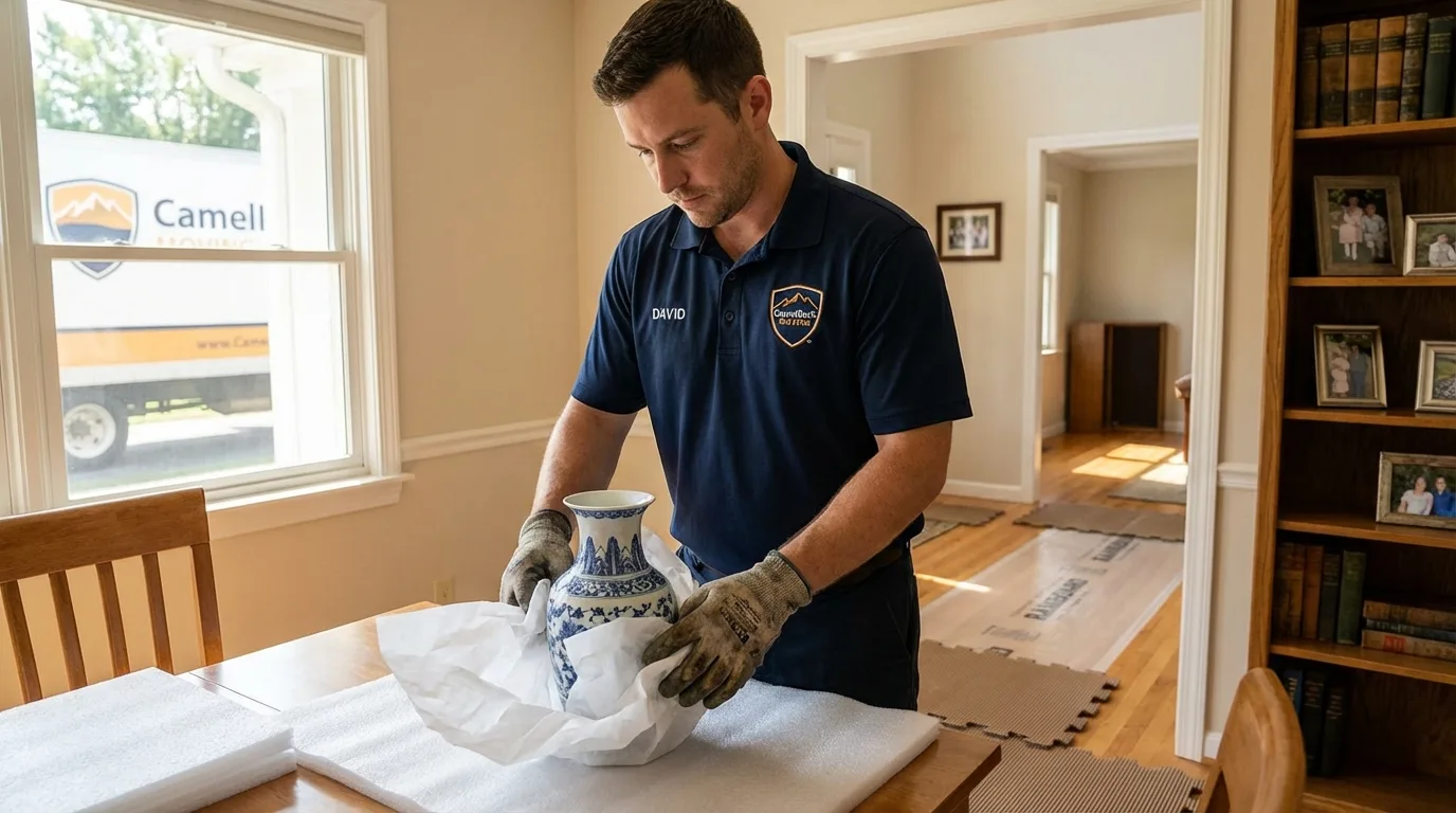 Professional crew carefully wrapping antique vase for senior downsizing move in Jensen Beach, FL